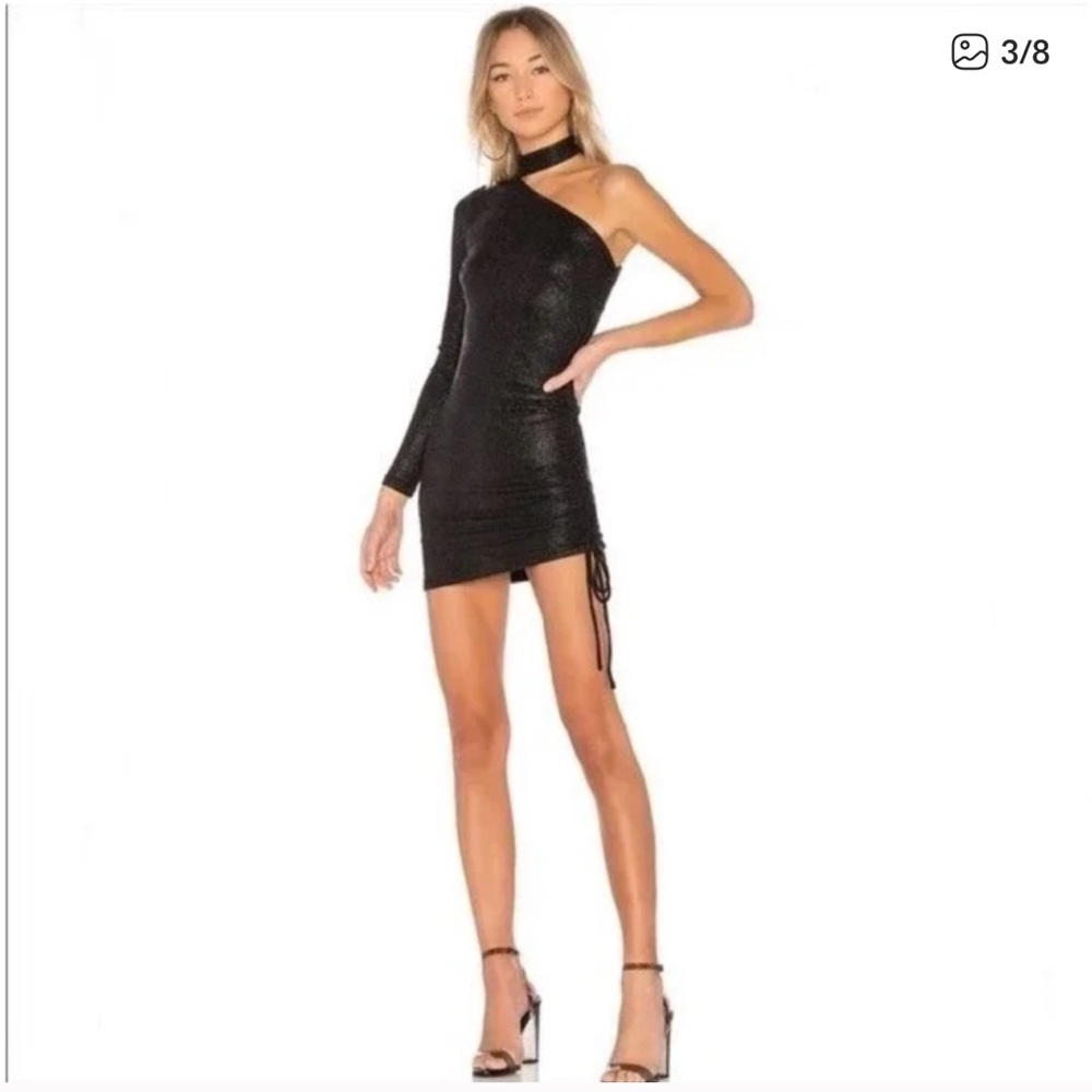 h:ours Asymmetric Black Mini Dress with Gold Detail